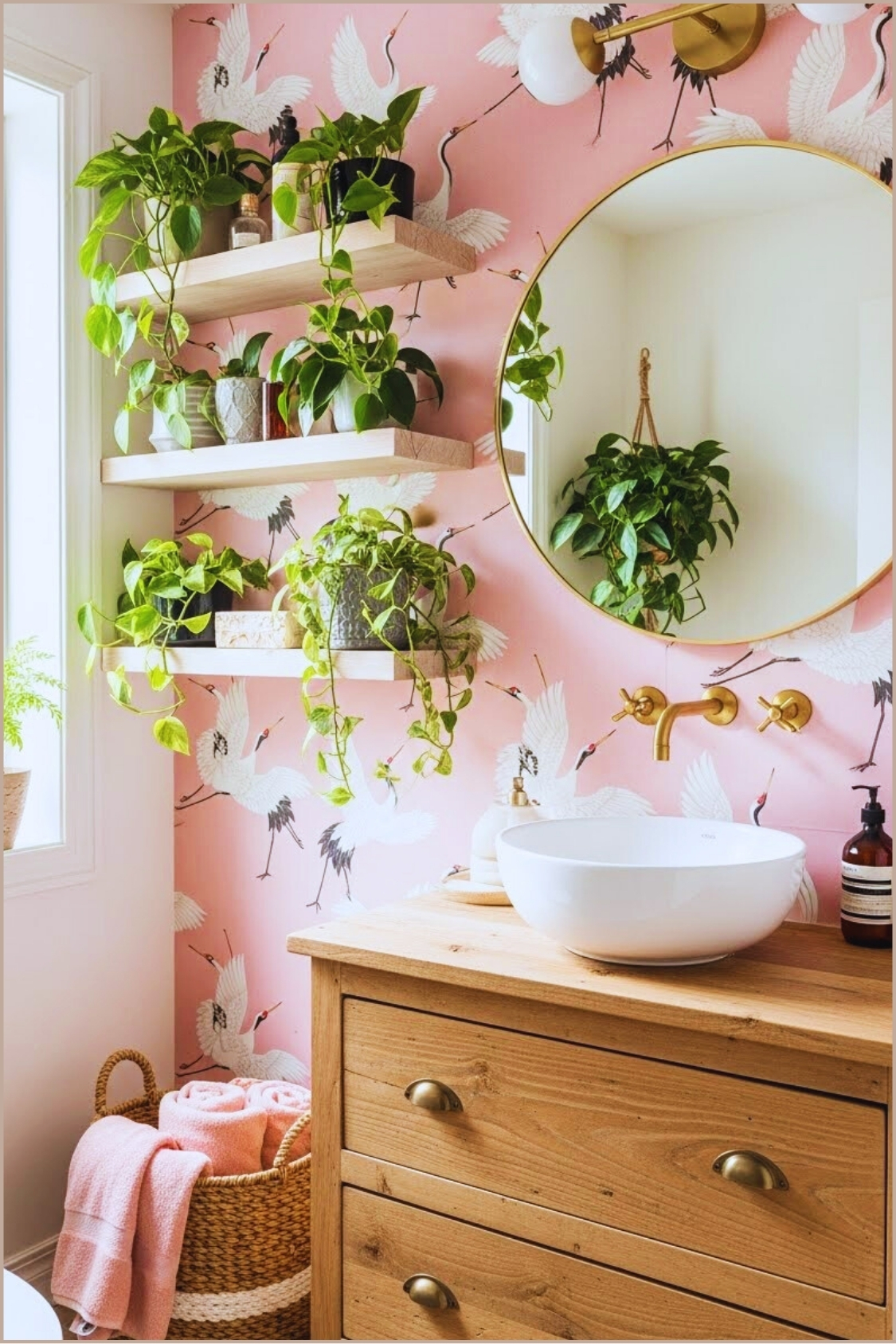 Fresh Tropical Boho Bathroom With Soft Pink Crane Pattern