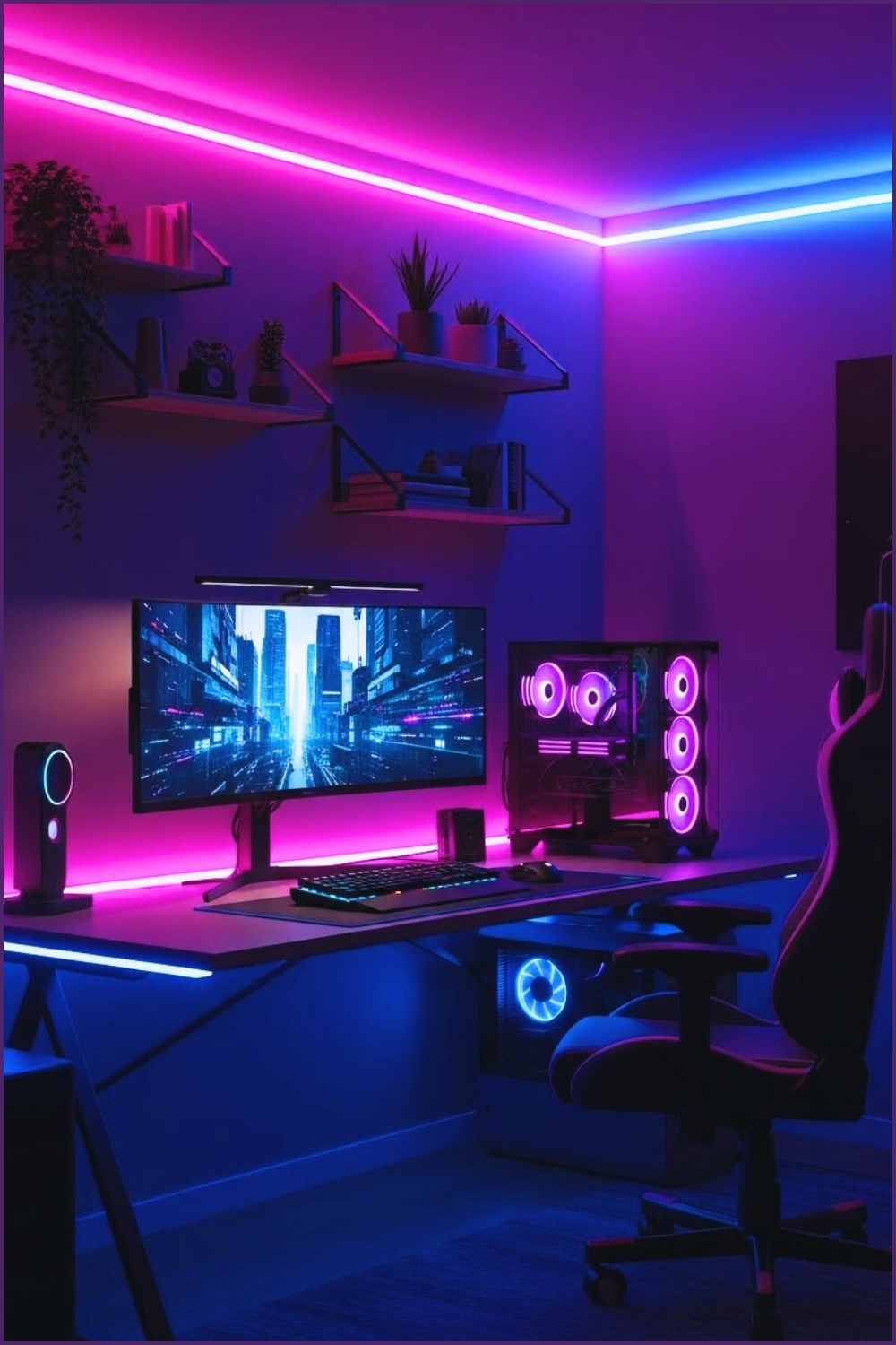 Futuristic Cyberpunk Gaming Room Neon Pink And Electric
