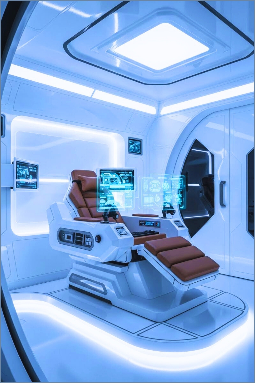 Futuristic Sci Fi Gaming Chamber Sleek White Space Pod Interior