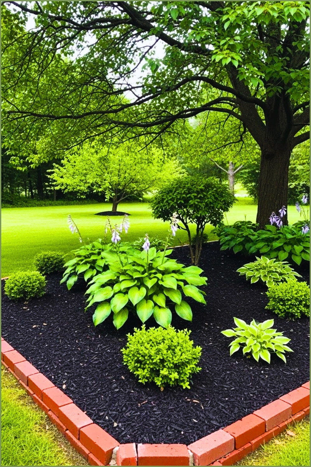 Garden Bed With Fresh Dark Mulch, Bordered With Red Bricks
