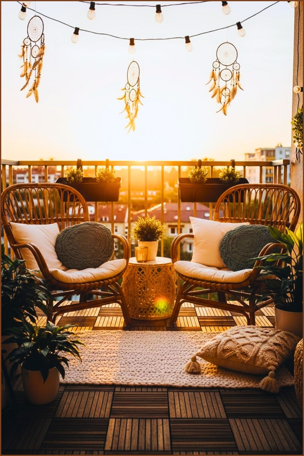 Golden Sunset Balcony Scene, Rattan Chairs With Soft White Pillows