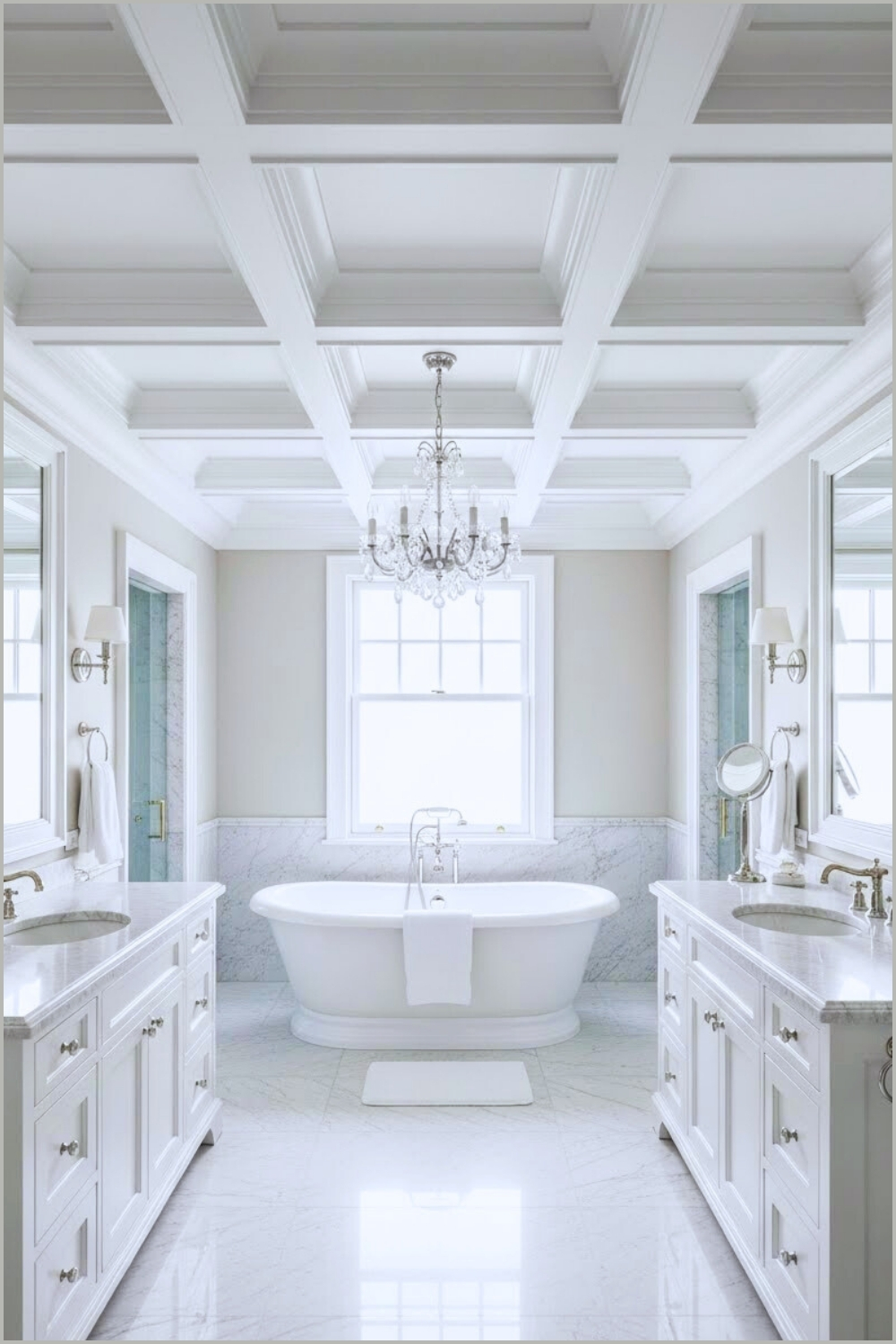 Grand Classic Luxury Bathroom With A White Coffered Ceiling