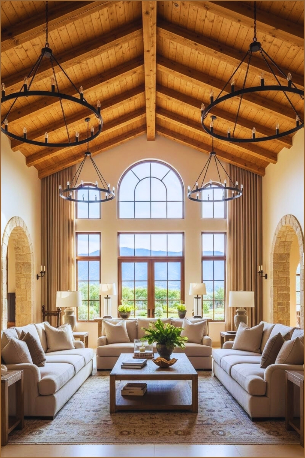 Grand Open Plan Mediterranean Living Room With Soaring