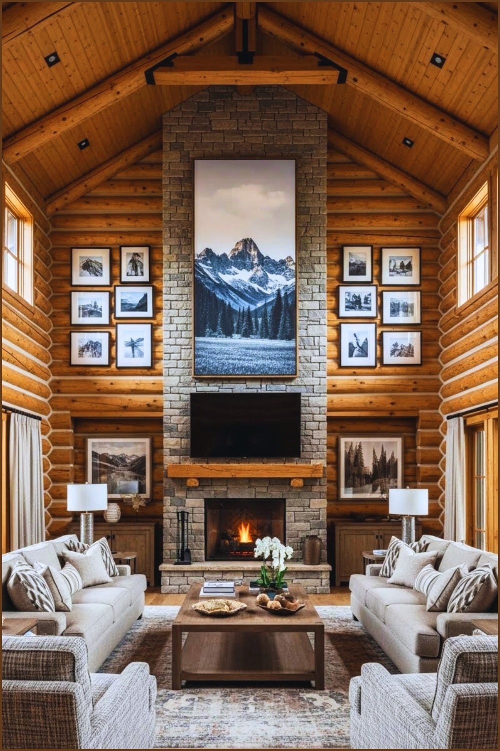 Grand Rustic Log Cabin Living Room With Dramatic Vaulted Wooden