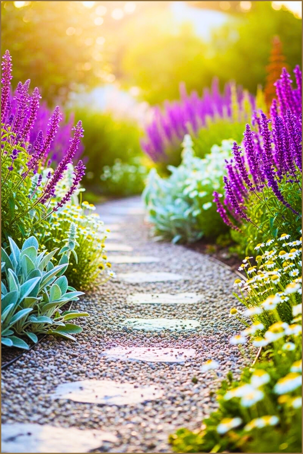 Gravel Garden Walkway Curving Through Mixed Perennial Bed