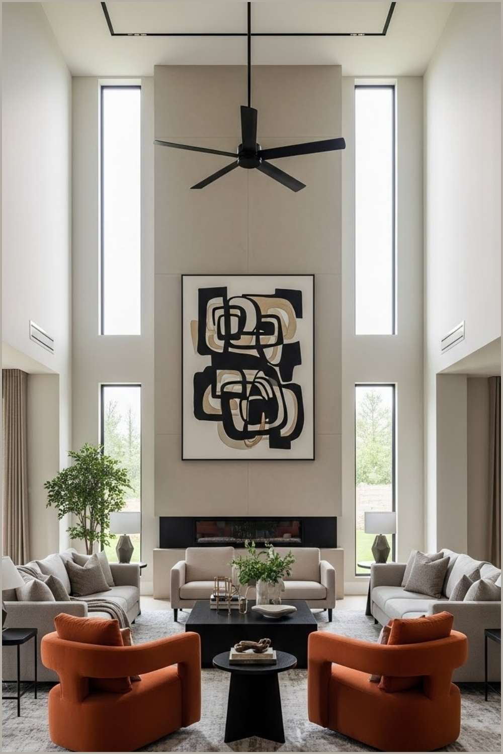 High Ceiling Modern Living Room With Soaring Walls