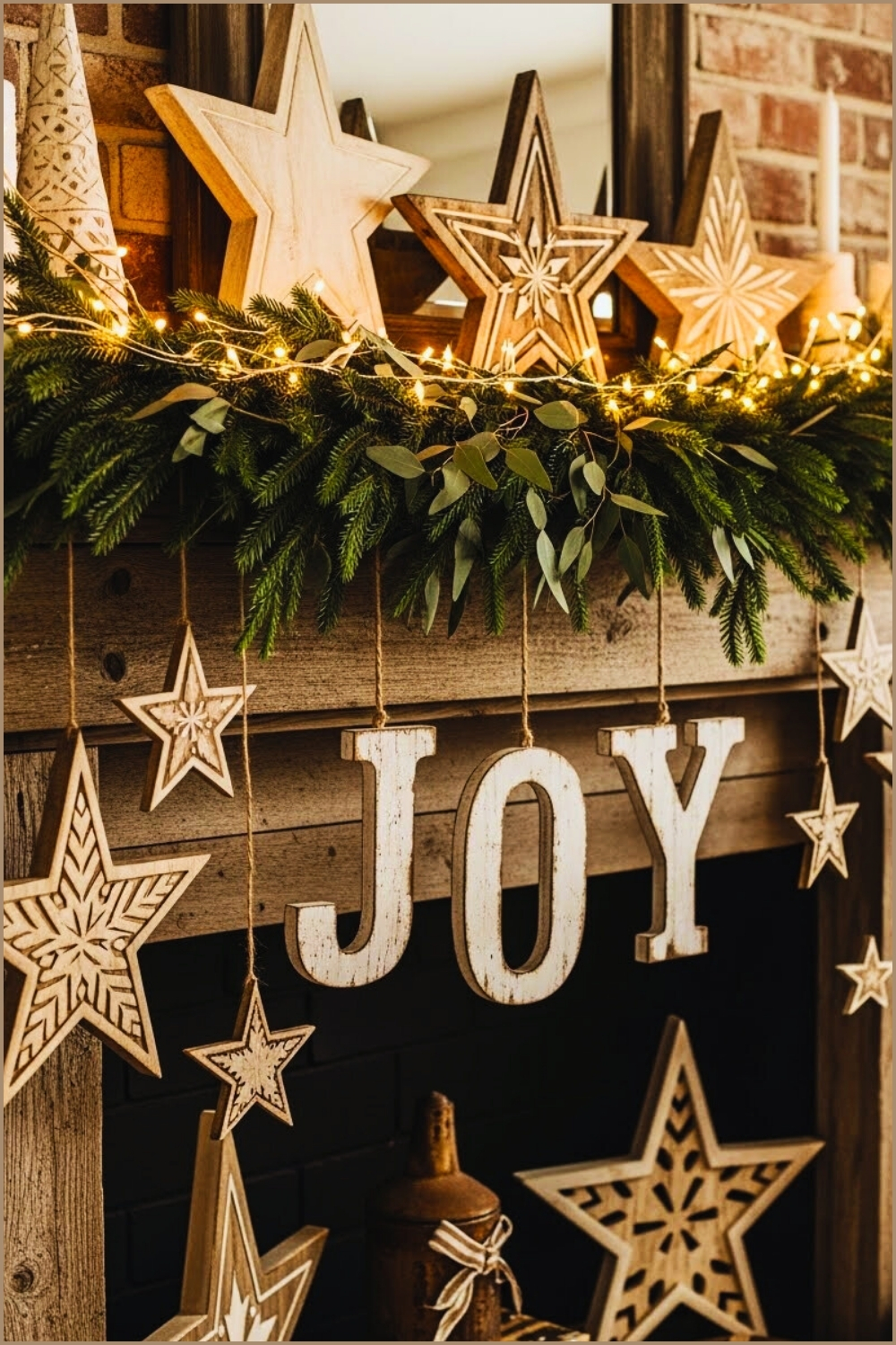 Holiday Mantel With Wooden Joy Letters Hanging From Greenery