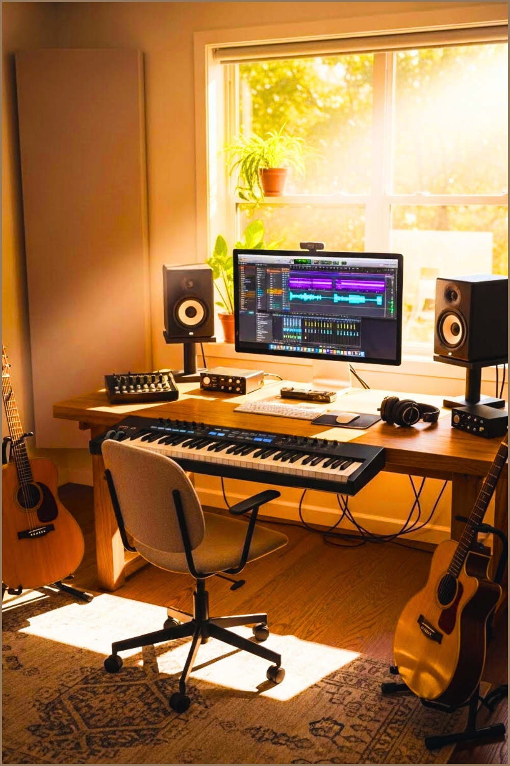 Home Music Studio Workspace Wooden Desk With Midi Keyboard,