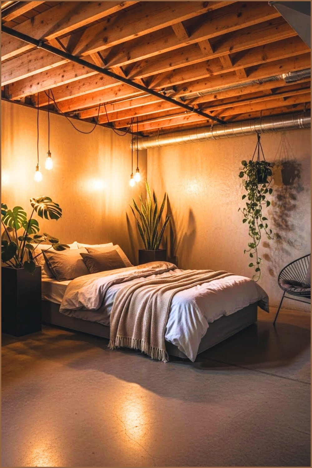 Industrial Basement Bedroom, Exposed Wood Ceiling Beams