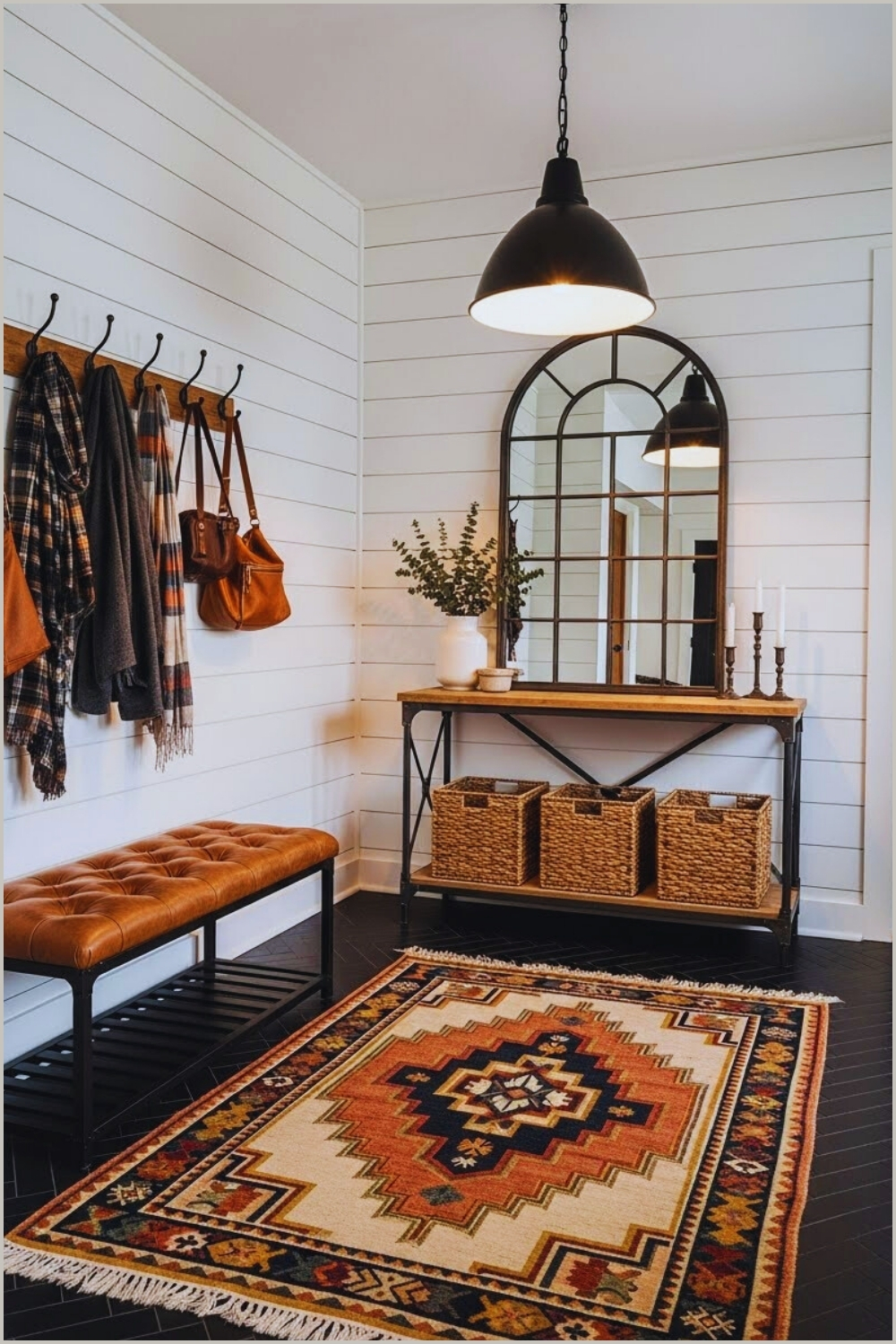 Industrial Farmhouse Entryway With White Horizontal Shiplap Walls