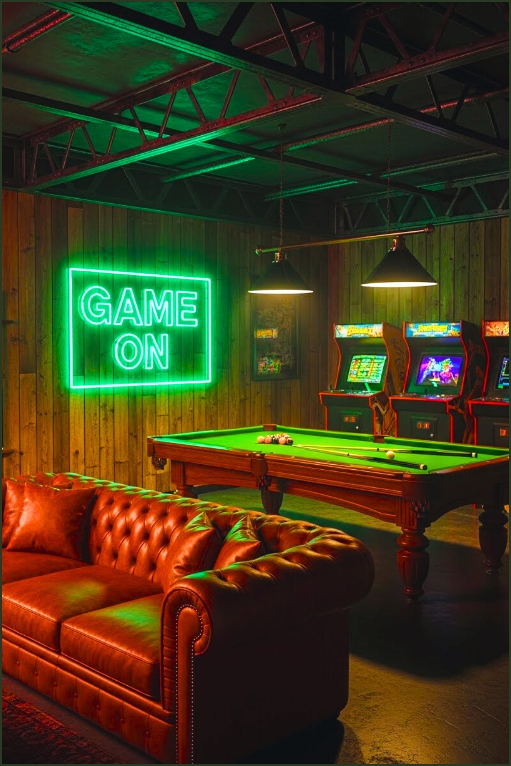 Industrial Man Cave Interior, Rustic Wood Walls