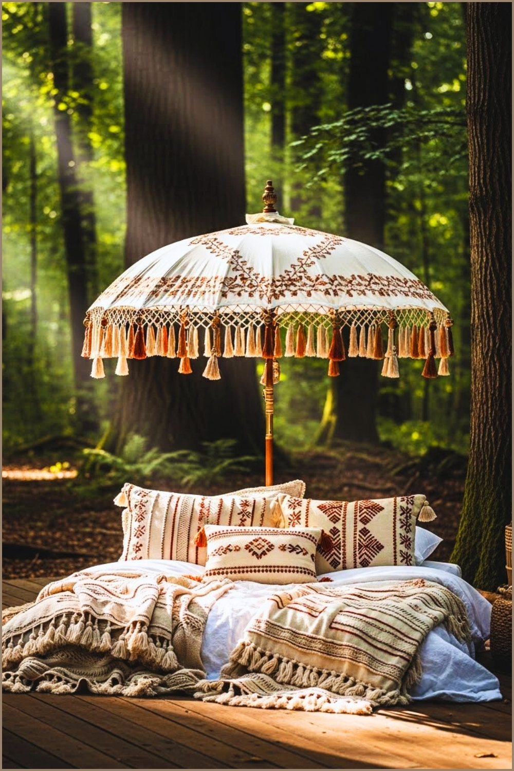 Intricate Handmade Boho Umbrella On A Wooden Forest Deck