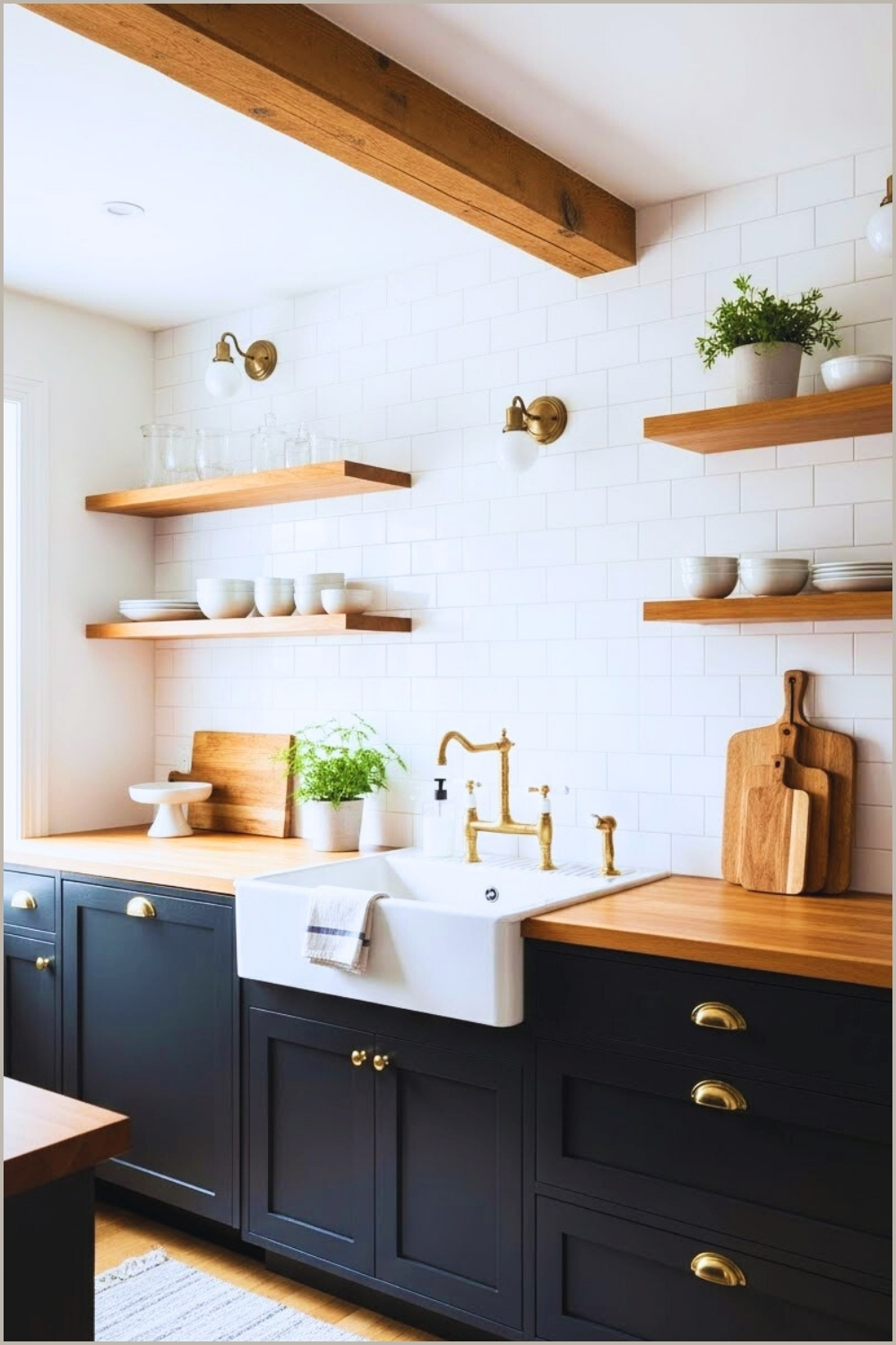 Japandi Style Kitchen With Open Wooden Shelves
