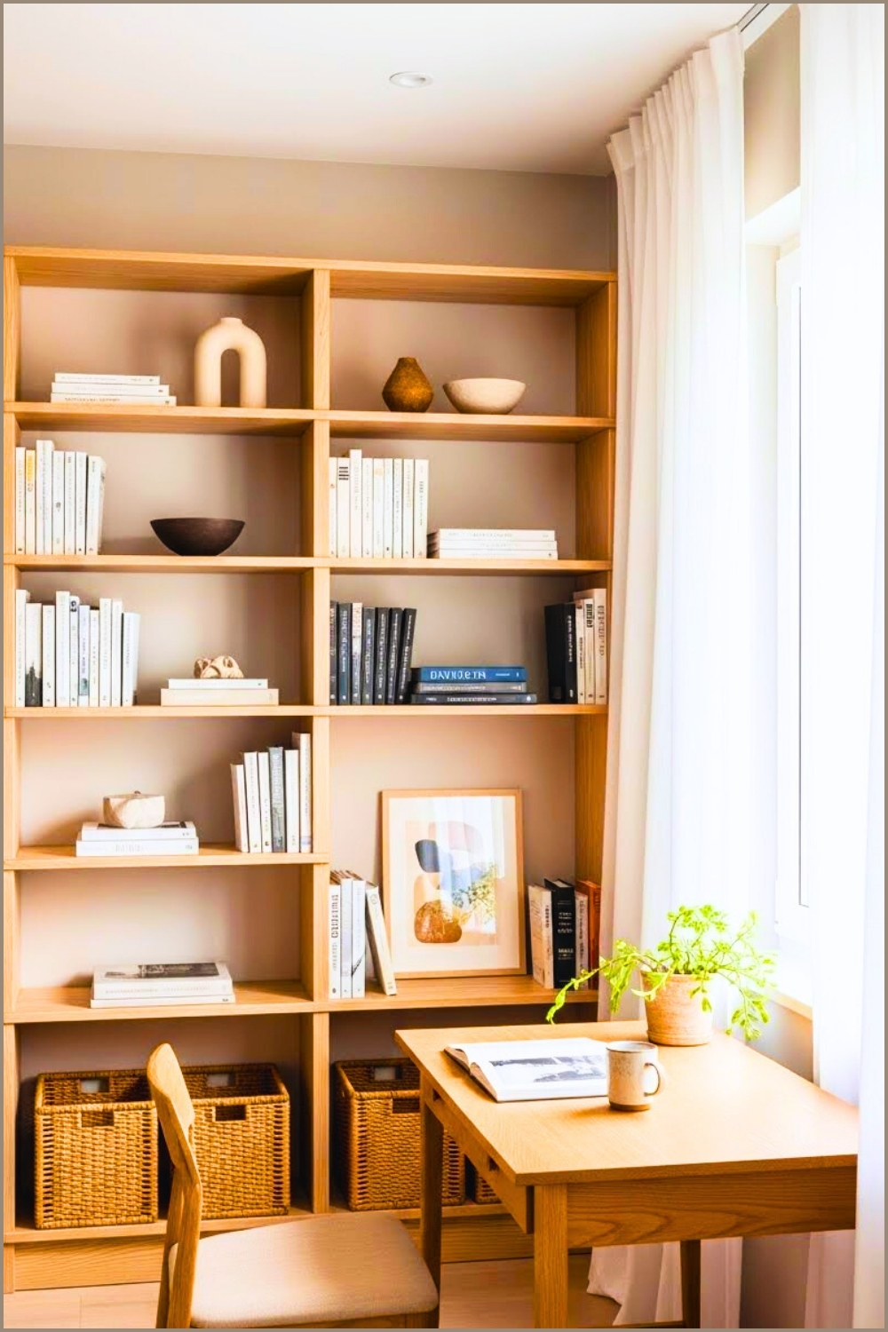 Japandi Style Minimal Home Library, Light Wood Open Shelving