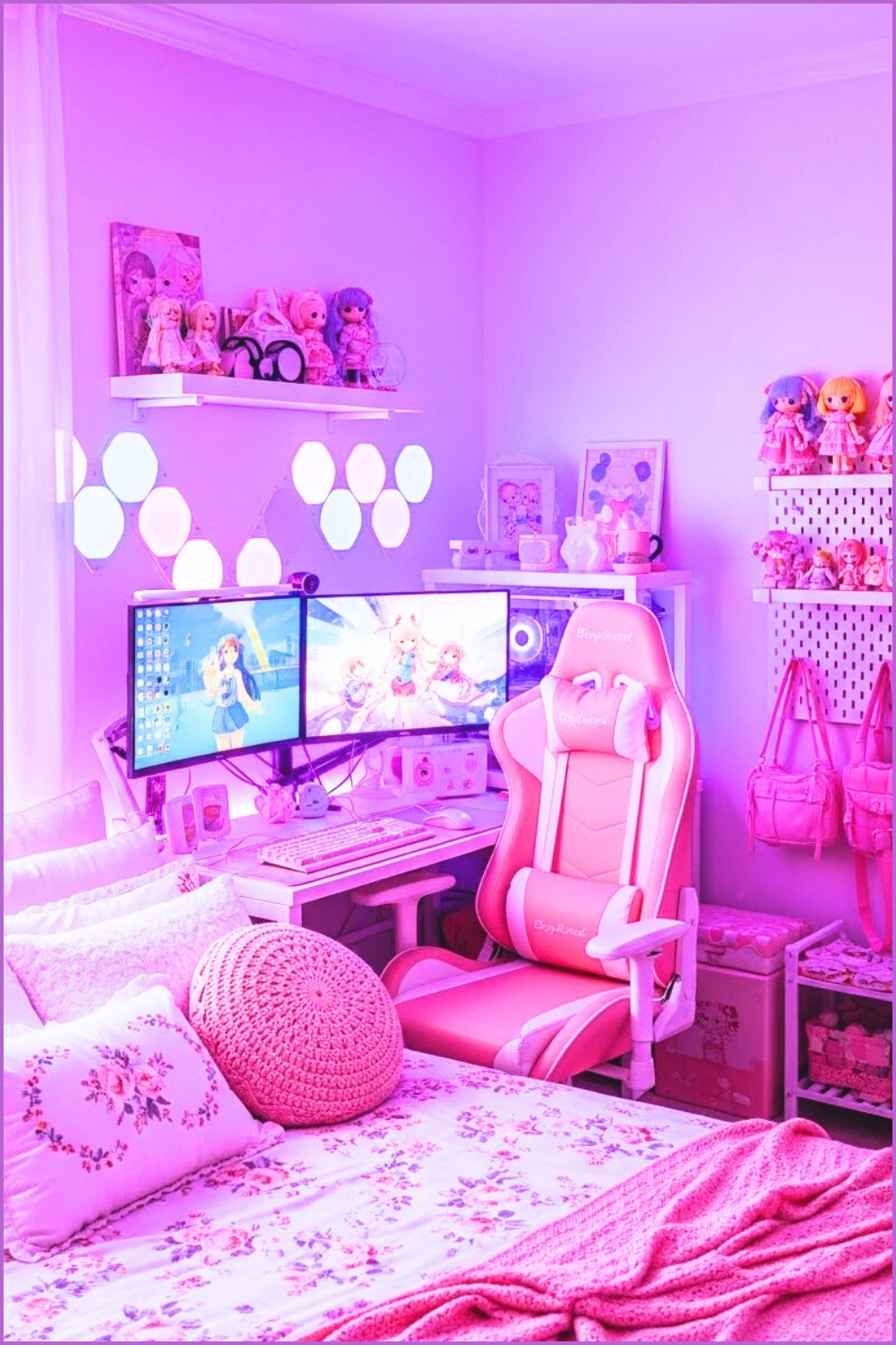 Kawaii Pastel Gamer Room Pink Gaming Chair Dual Monitors