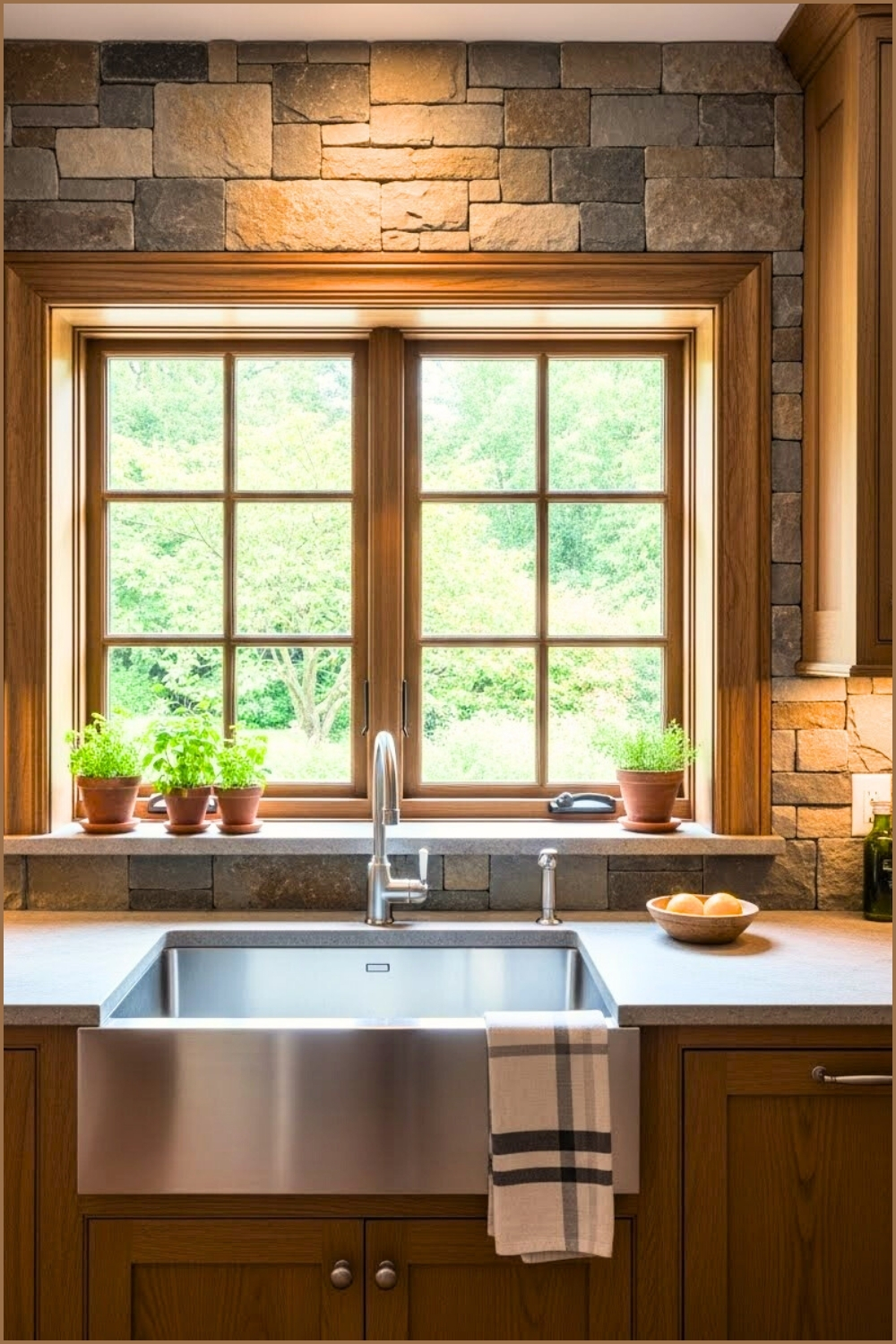 Kitchen Window View With Large Stainless Farmhouse Sink