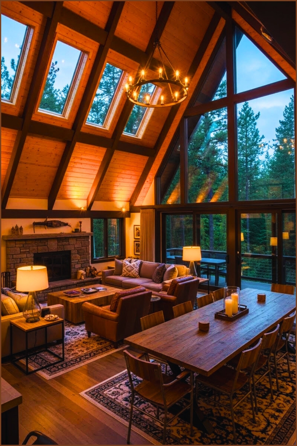 Large A-frame Cabin Living Room Dramatic Tall Ceiling
