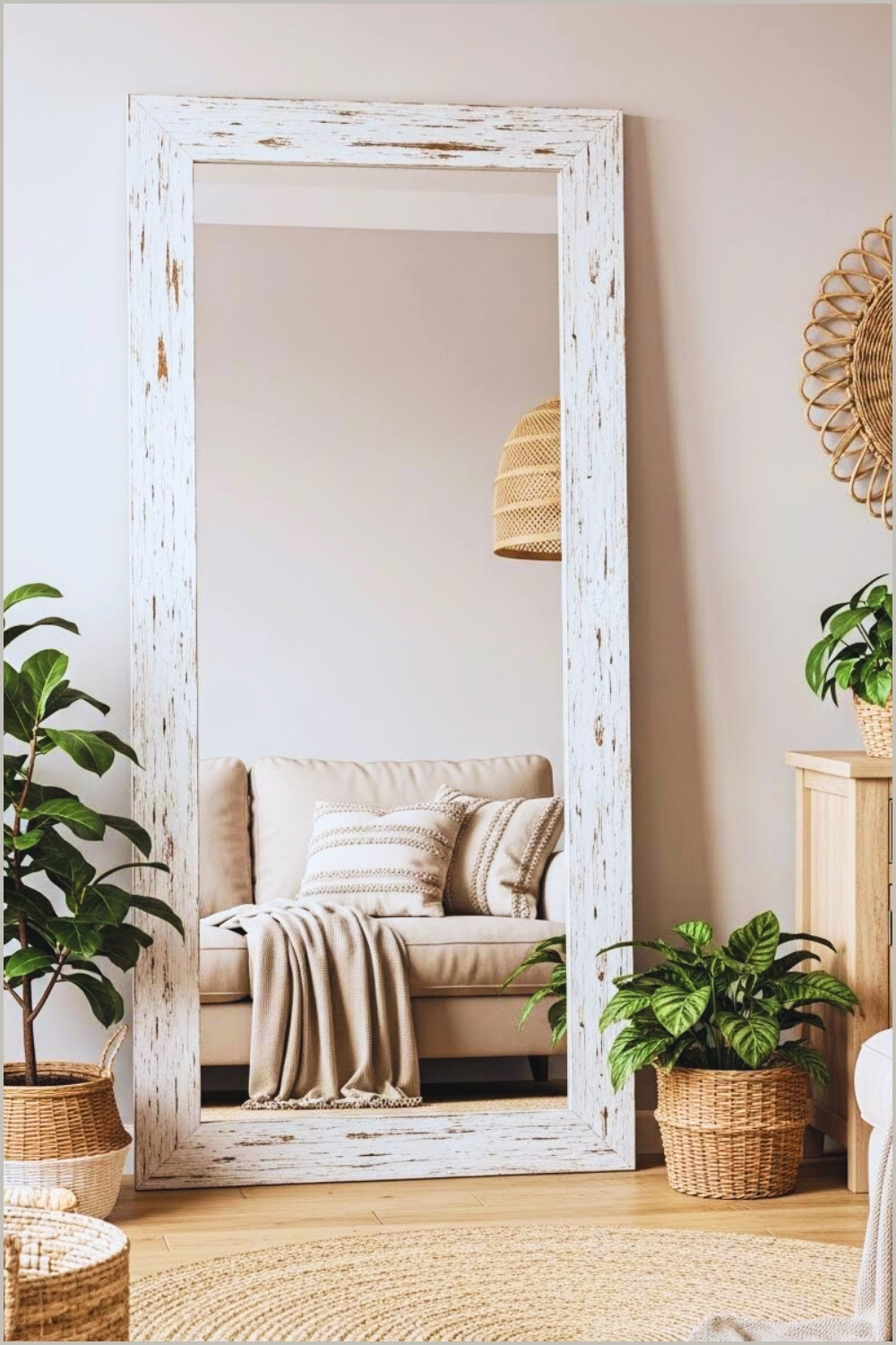 Large Antique Full Length Floor Mirror With A Distressed