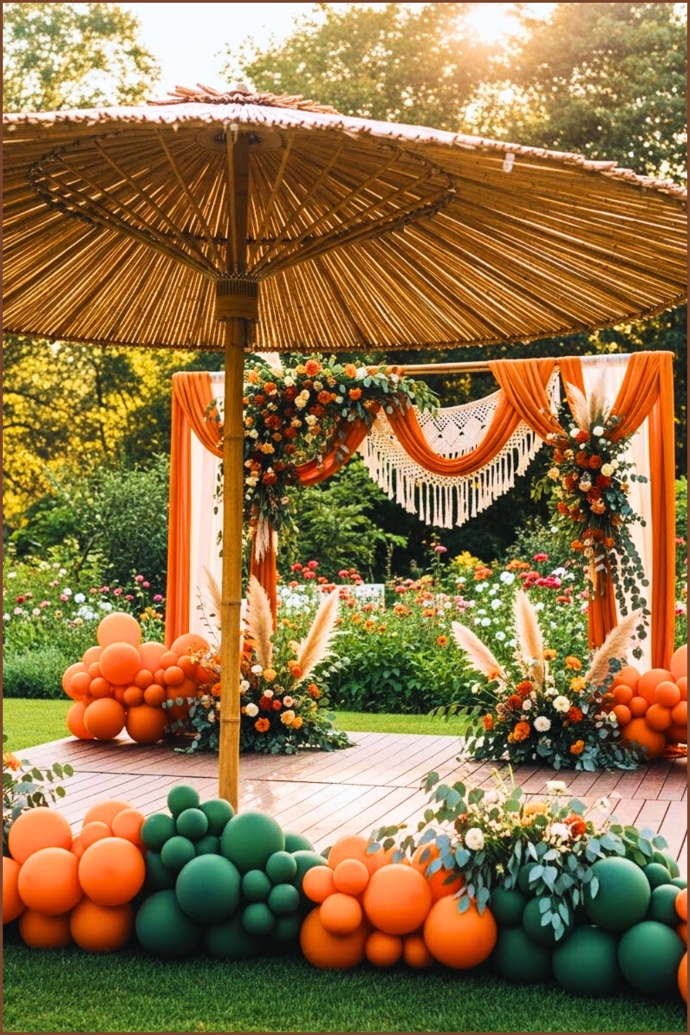 Large Natural Bamboo Umbrella Over Decorated Event Stage