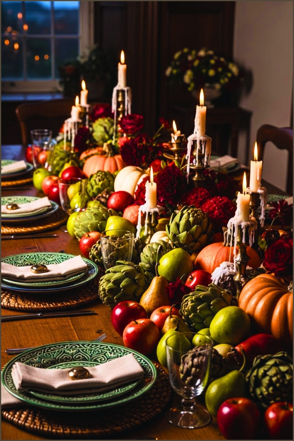 Long Dinner Table Decorated With Artichokes Pears Apples