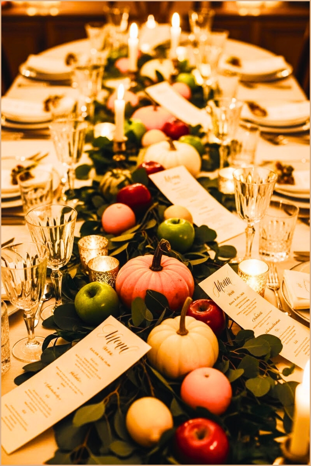 Long Oval Dinner Table With Eucalyptus Garland Pumpkins Apples