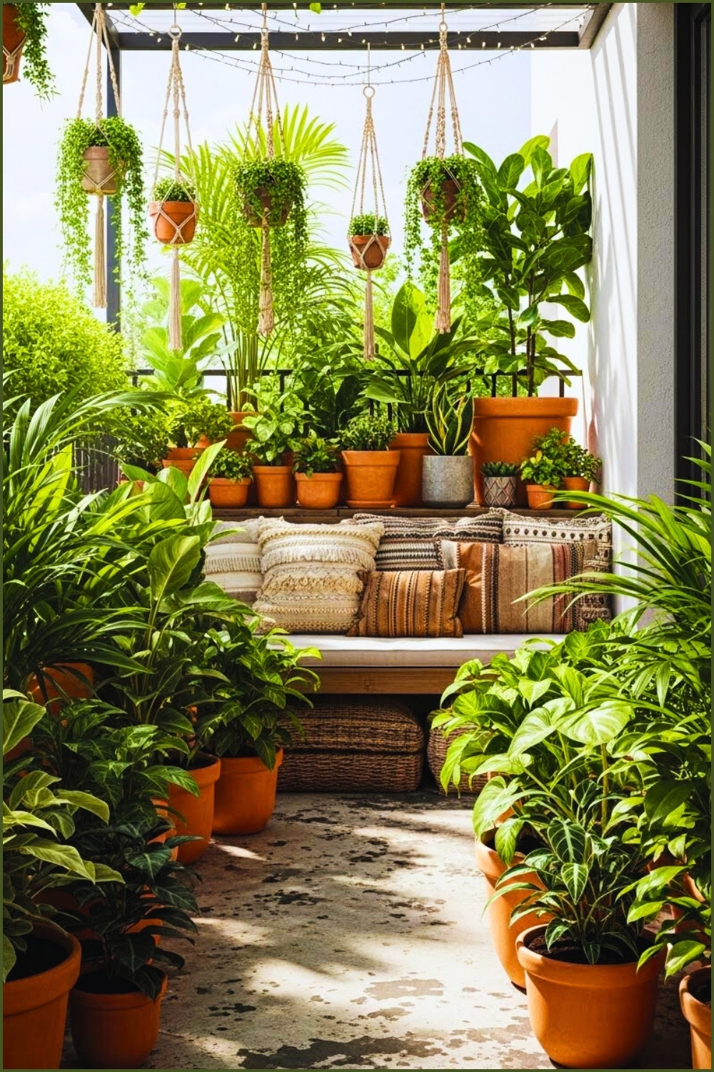 Lush Green Balcony Garden, Many Terracotta Pots With Tropical Plants