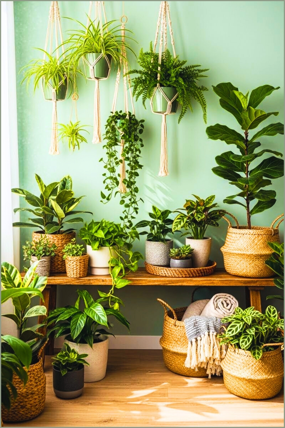 Lush Indoor Plant Corner, Wooden Bench With Potted Plants