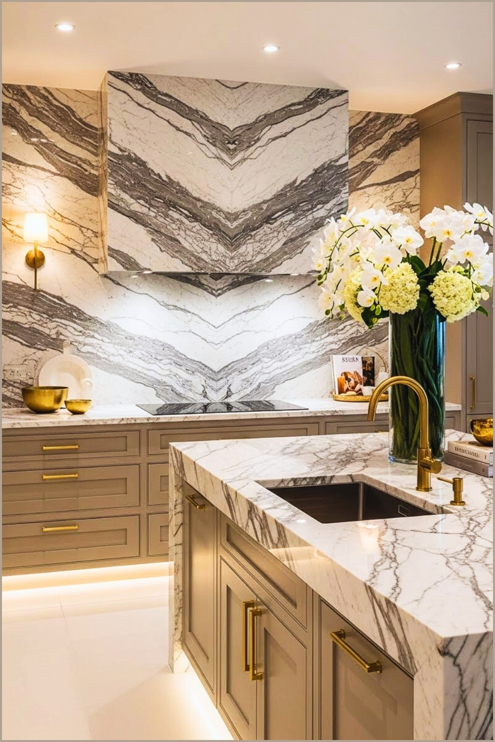 Luxe Modern Kitchen With Dramatic Marble Backsplash