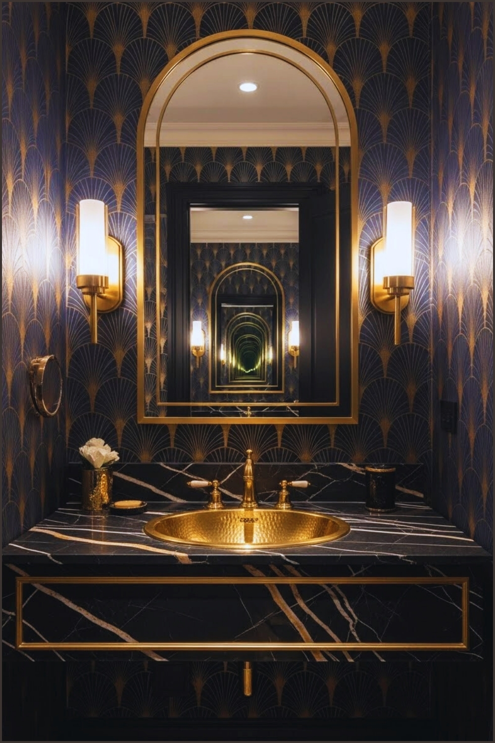 Luxurious Art Deco Powder Room With Navy And Gold Fan Pattern