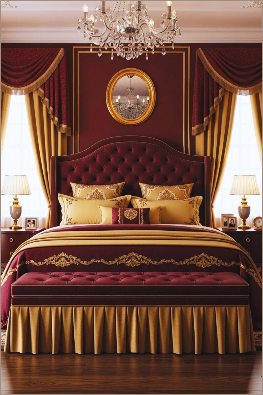 Luxurious Classic Bedroom Interior With Rich Burgundy Walls
