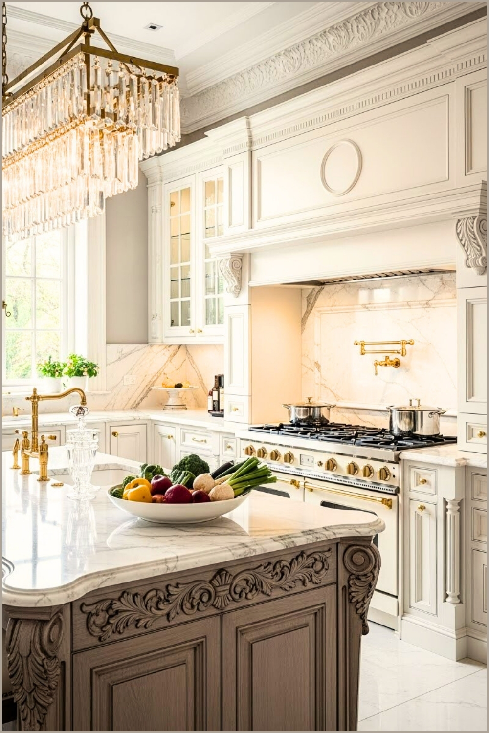 Luxurious Classic Kitchen, White Cabinetry With Ornate Molding