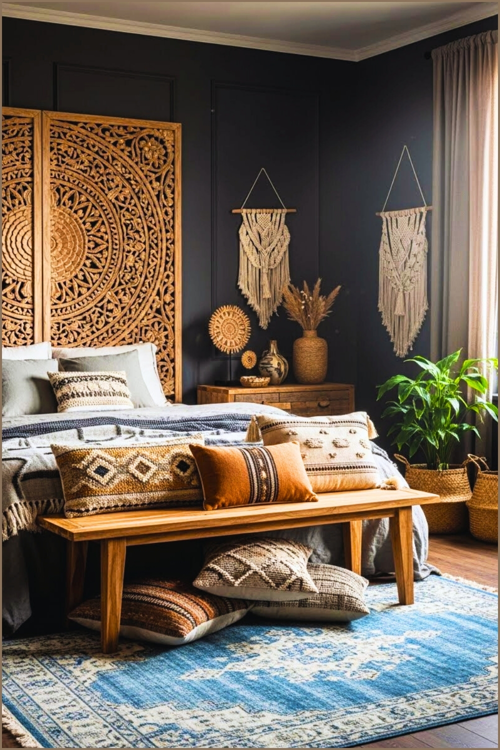 Luxurious Dark Boho Bedroom Two Large Carved Wooden Wall Panels