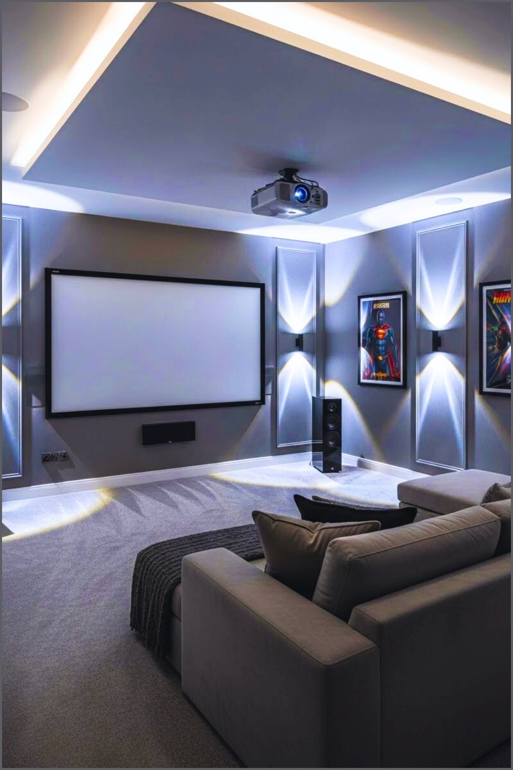 Luxurious Home Theater Room, Huge Projector Screen Wall