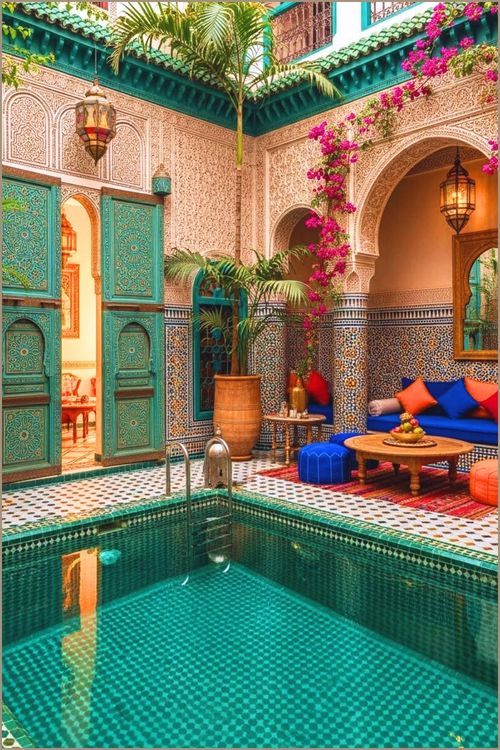 Luxurious Moroccan Courtyard With Emerald Mosaic Tile Pool