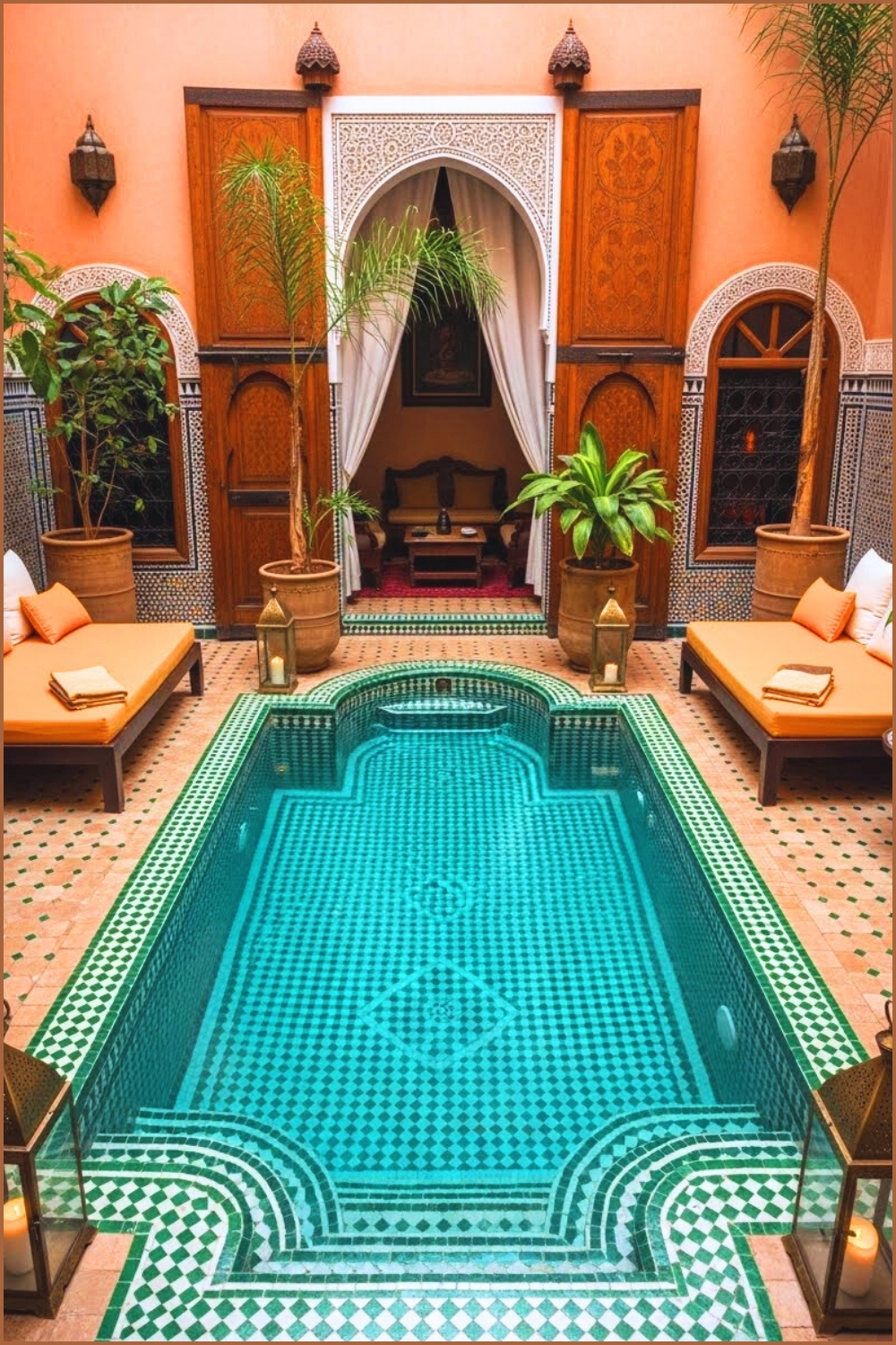 Luxurious Moroccan Courtyard With Mosaic Tile Plunge Pool