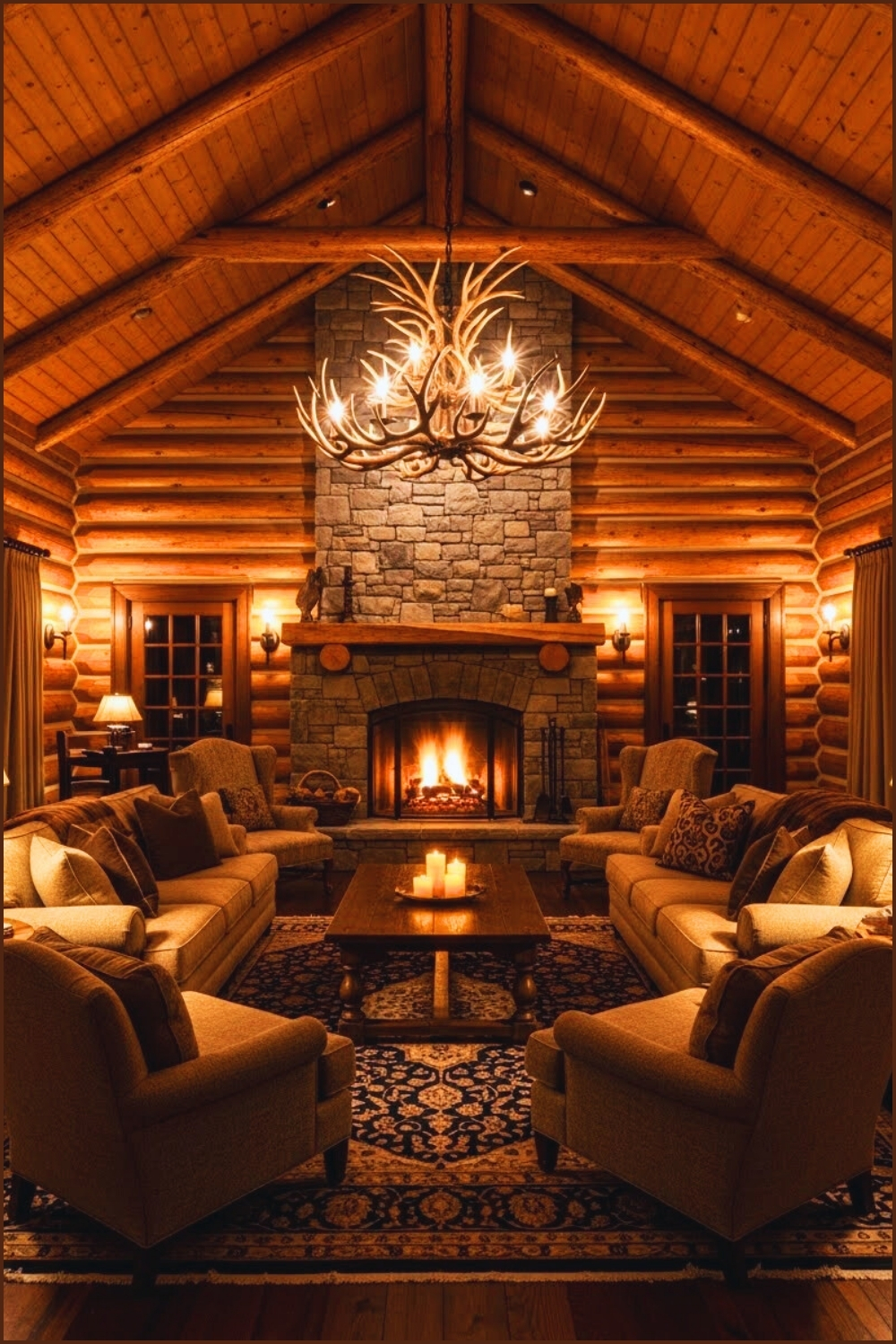 Luxurious Rustic Log Cabin Living Room Illuminated
