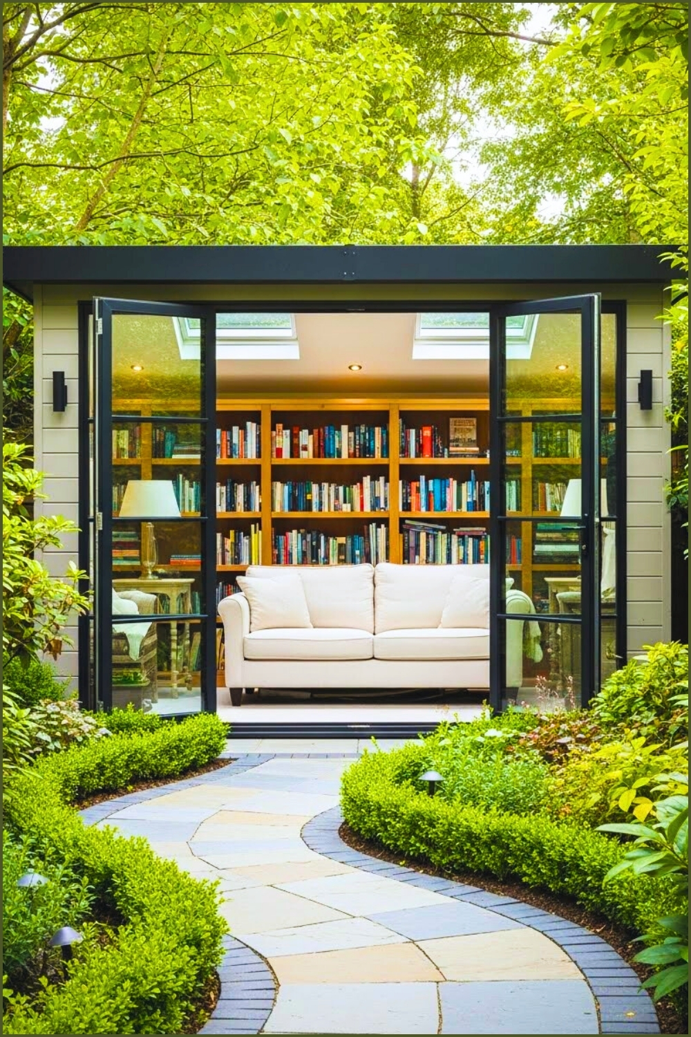 Luxury Backyard Reading Shed, Black Framed Glass Doors