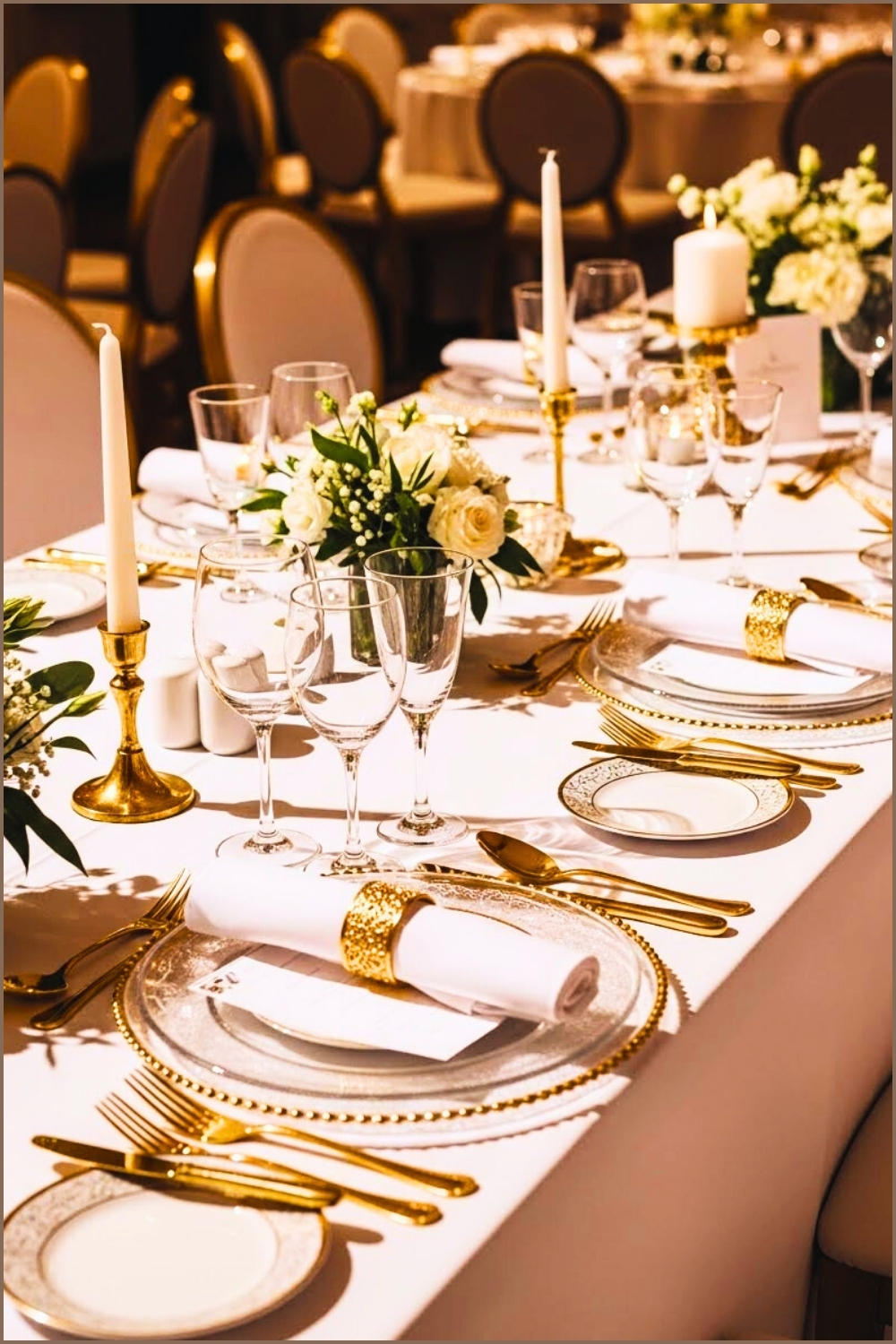Luxury Banquet Tablescape, White And Gold Tableware