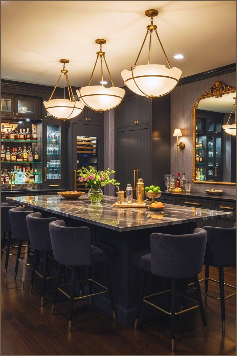 Luxury Basement Bar With Large Central Island