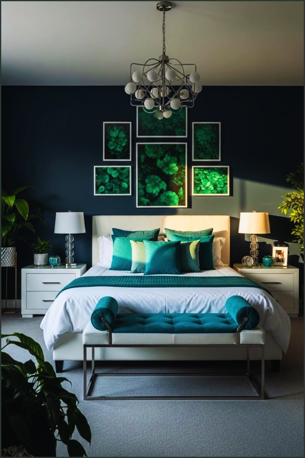 Luxury Bedroom With Navy Blue Walls And Emerald Artwork