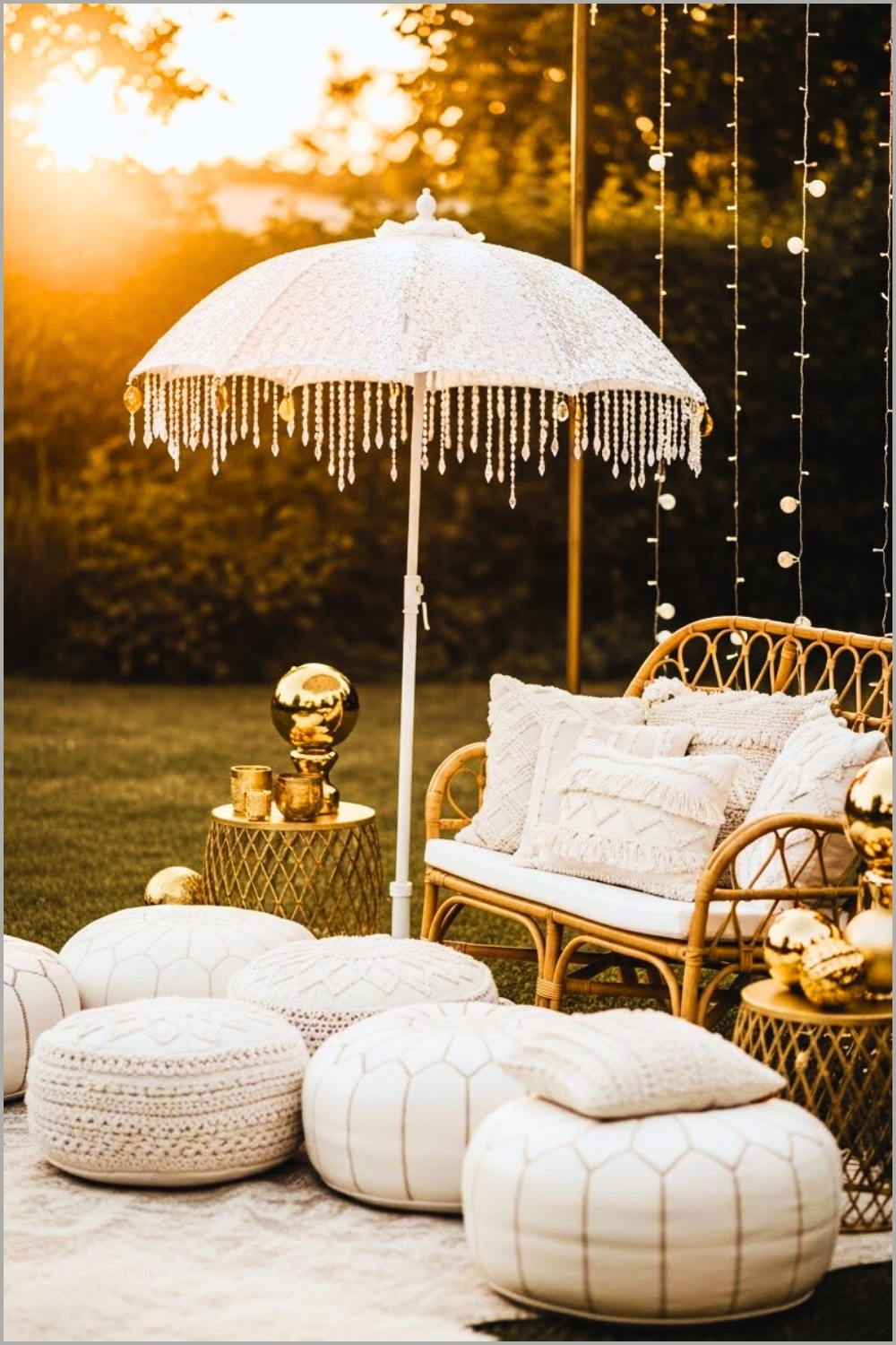 Luxury Boho Outdoor Lounge Decorated With Gold And White Accents