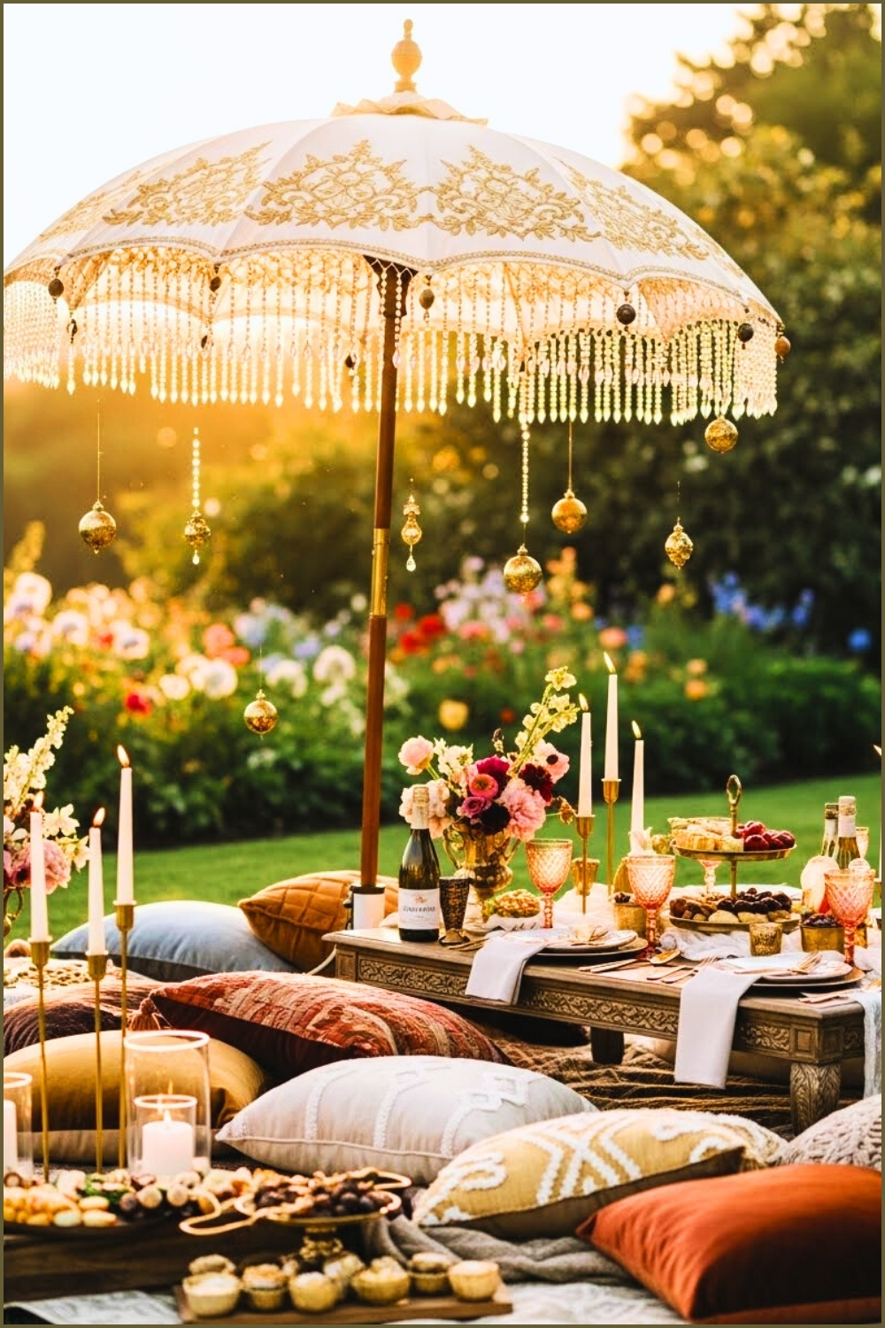 Luxury Boho Picnic Under Ornate Gold-embroidered Umbrella
