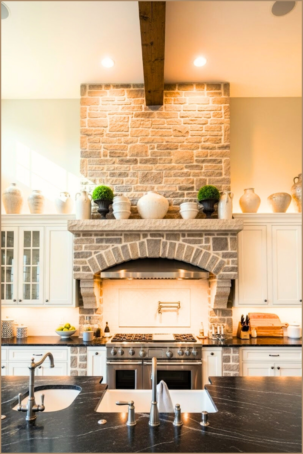 Luxury Farmhouse Kitchen Stone Feature Wall With Arched Mantle