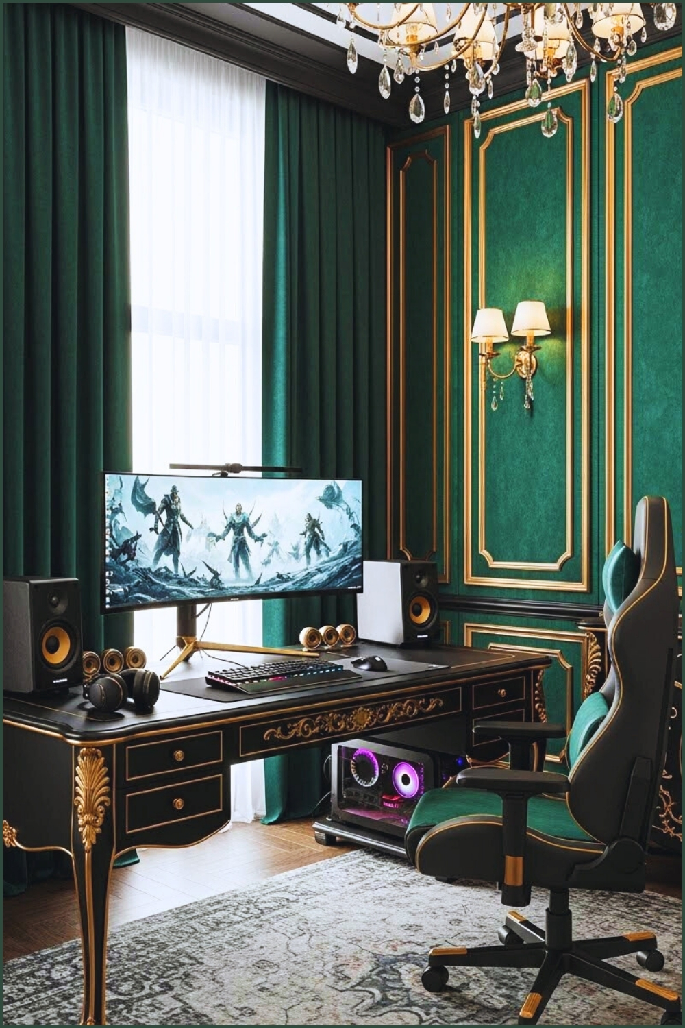 Luxury Gaming Room Interior Emerald Green Velvet Wall