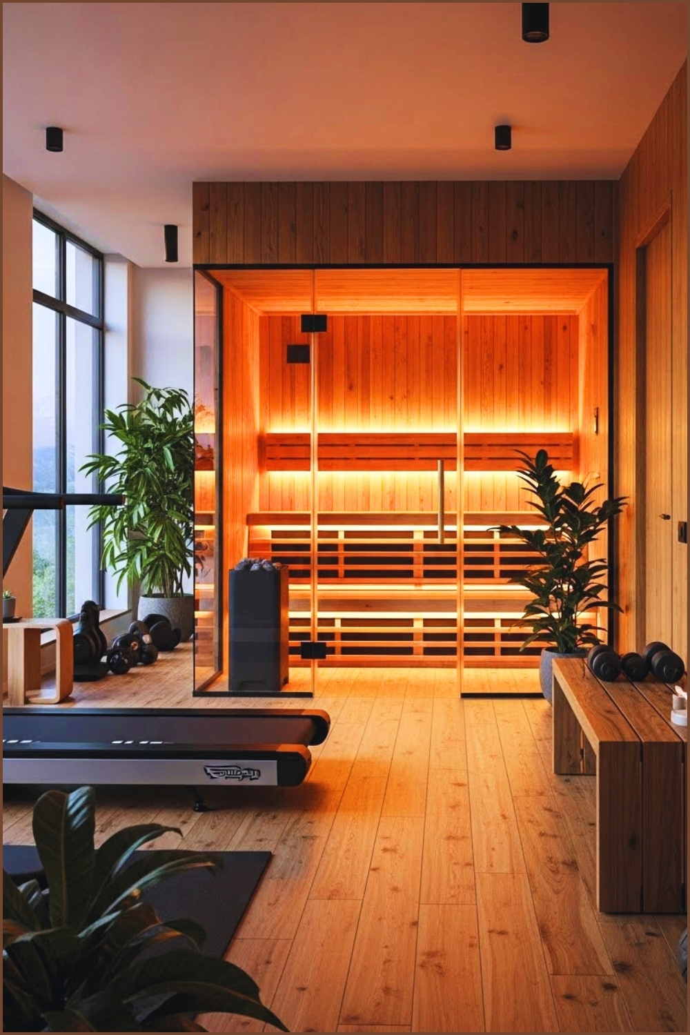 Luxury Home Gym With Glass Enclosed Wooden Sauna