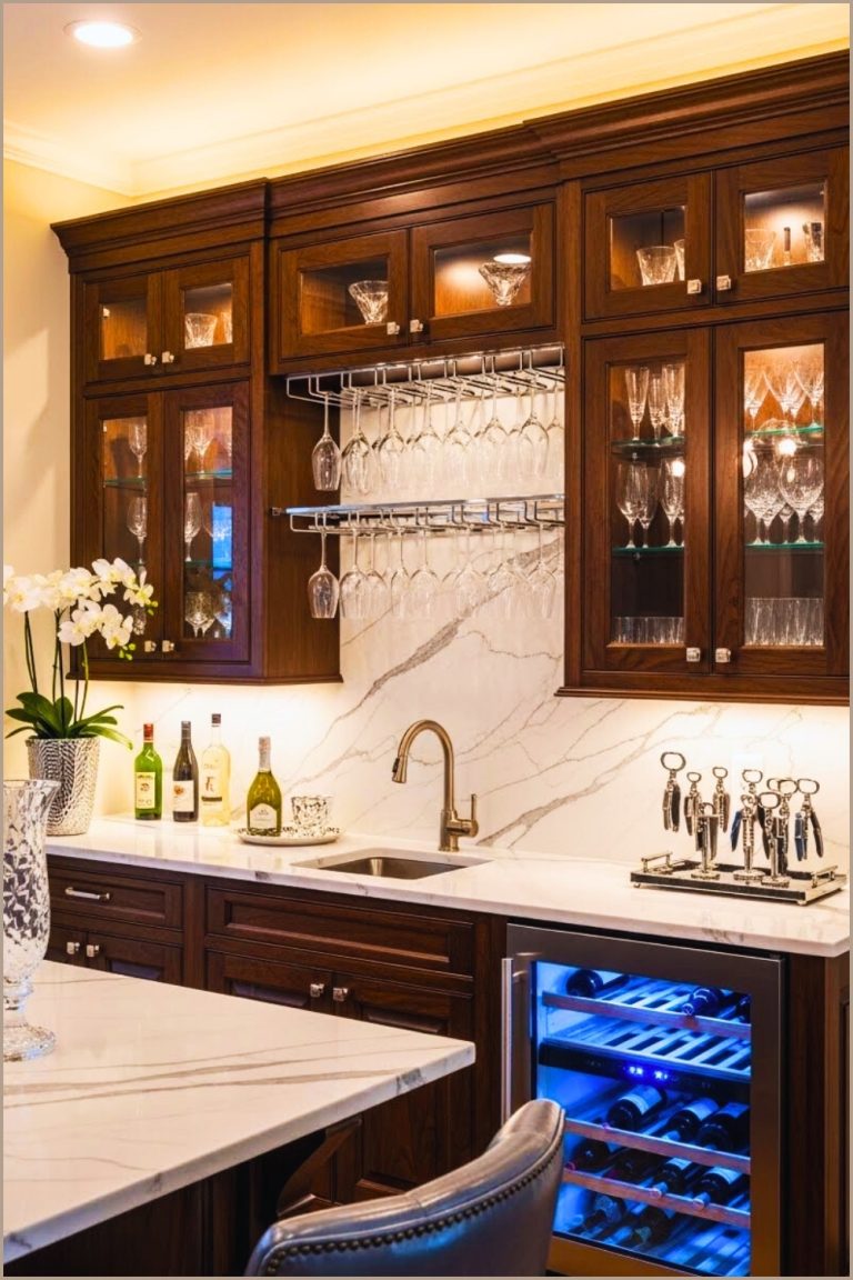 Luxury Home Wine Bar Dark Walnut Cabinetry Glass Rack With Stemware