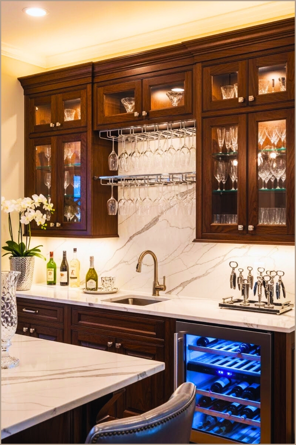 Luxury Home Wine Bar Dark Walnut Cabinetry Glass Rack With Stemware