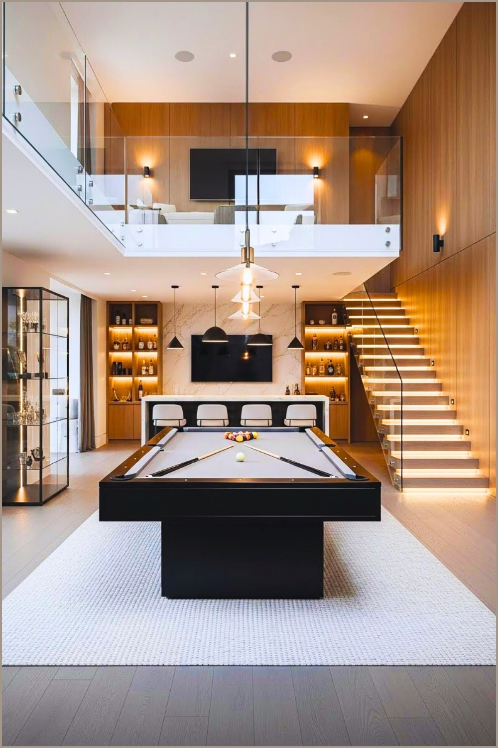 Luxury Modern Game Room With Sleek Black Pool Table