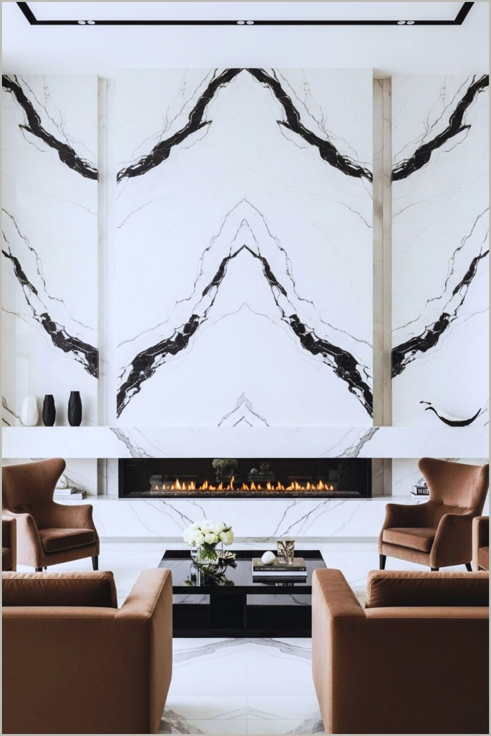 Luxury Modern Living Room With A Full Height White Marble