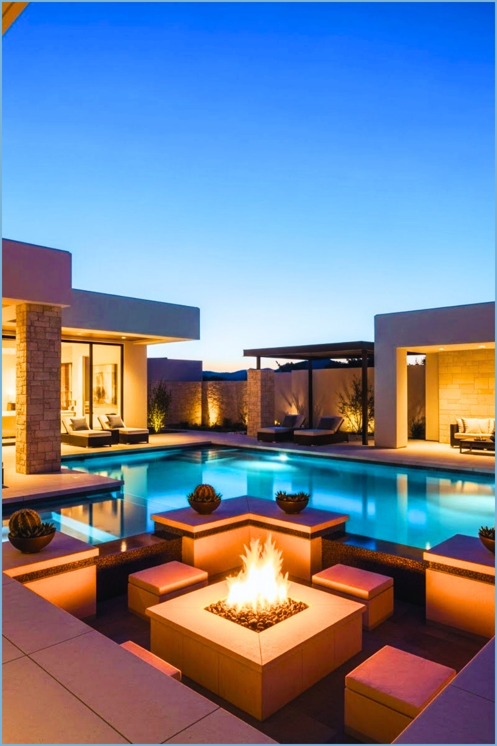 _Luxury Modern Pool With Sunken Firepit Glowing Orange Fire